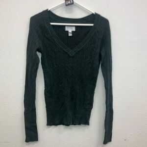 American eagle green v-neck cable knit Y2K long sleeve sweater rabbit hair M 724